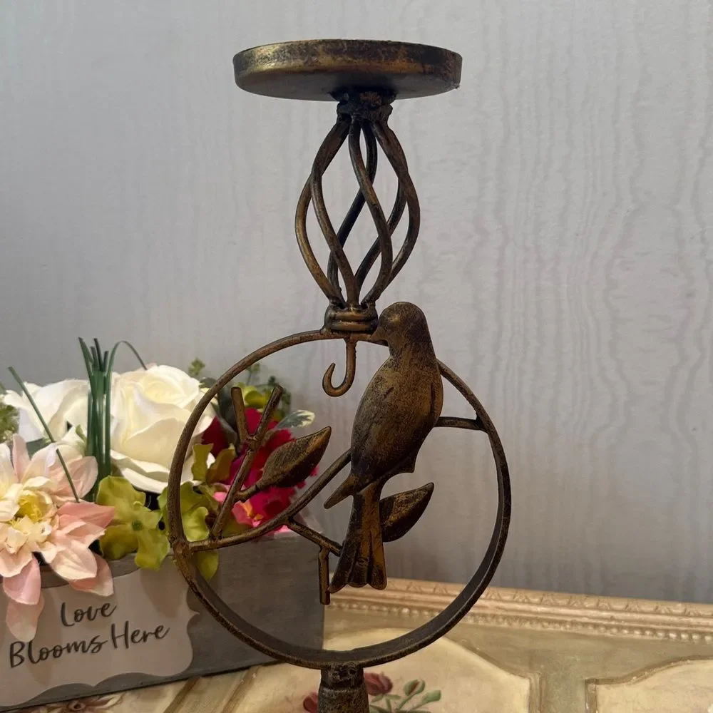 Bird & Leaf Design Brass Tone Finish Metal Candle Holder